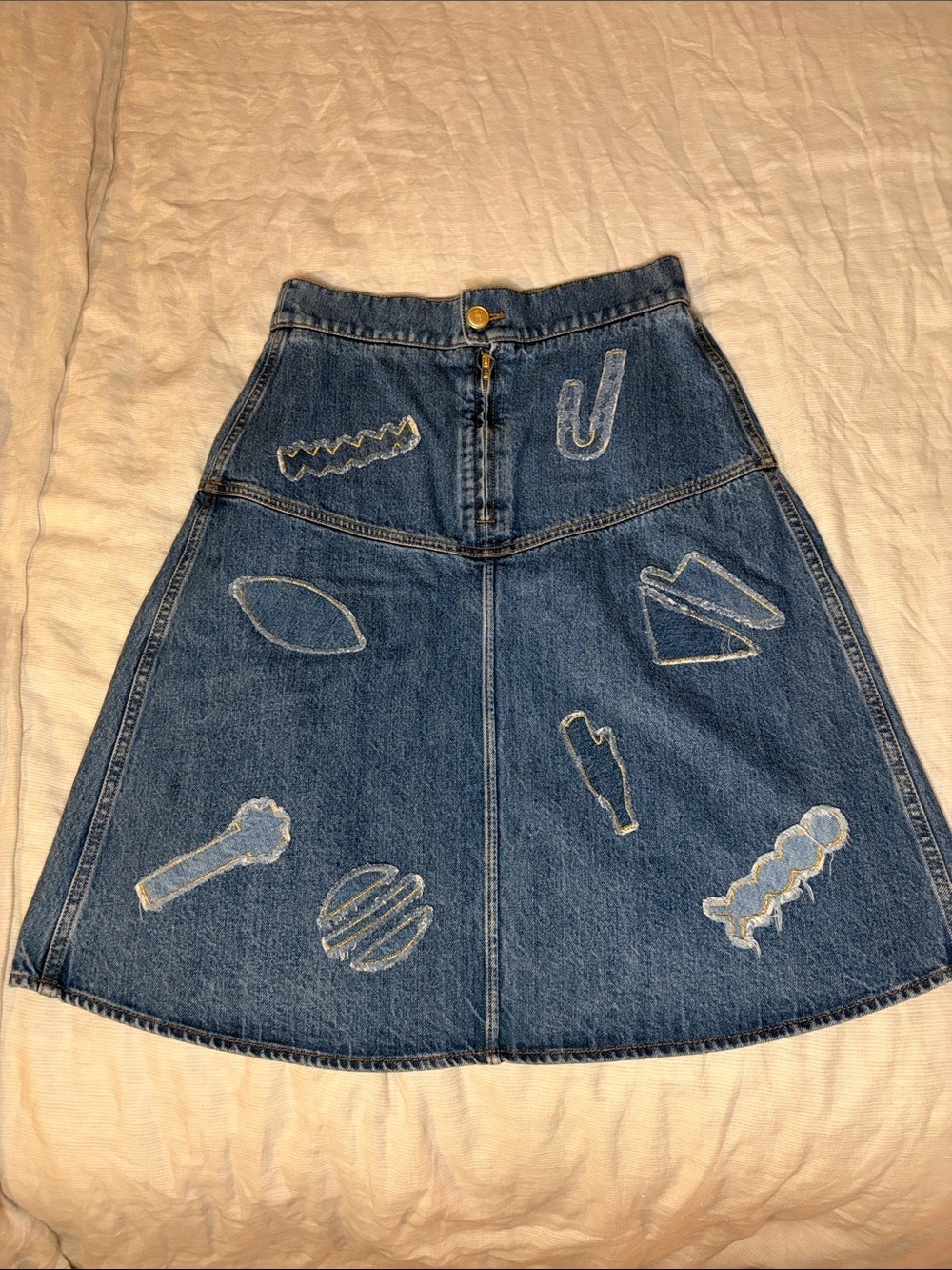 CHANEL Blue Denim A-Line Skirt with Appliqué Details